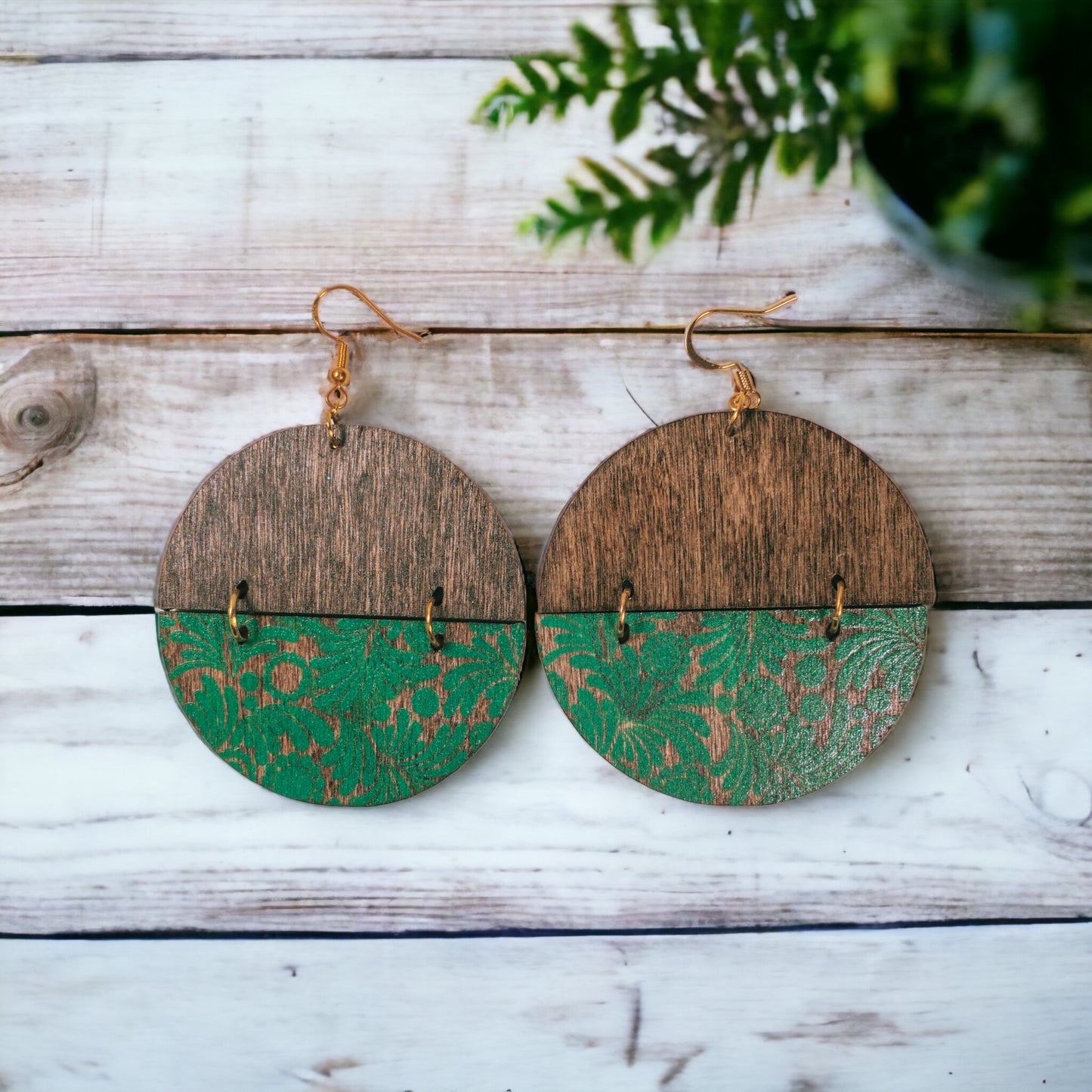 Wood Walnut Stain Round Earrings w/Green Florals
