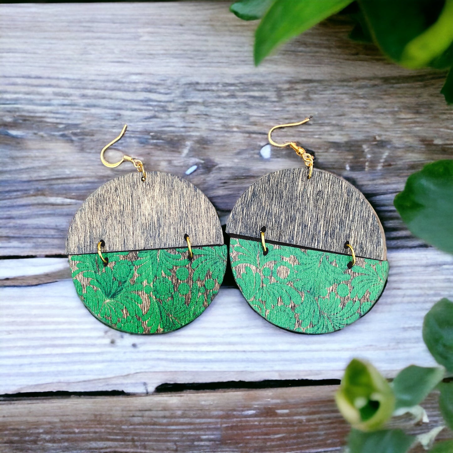 Wood Walnut Stain Round Earrings w/Green Florals
