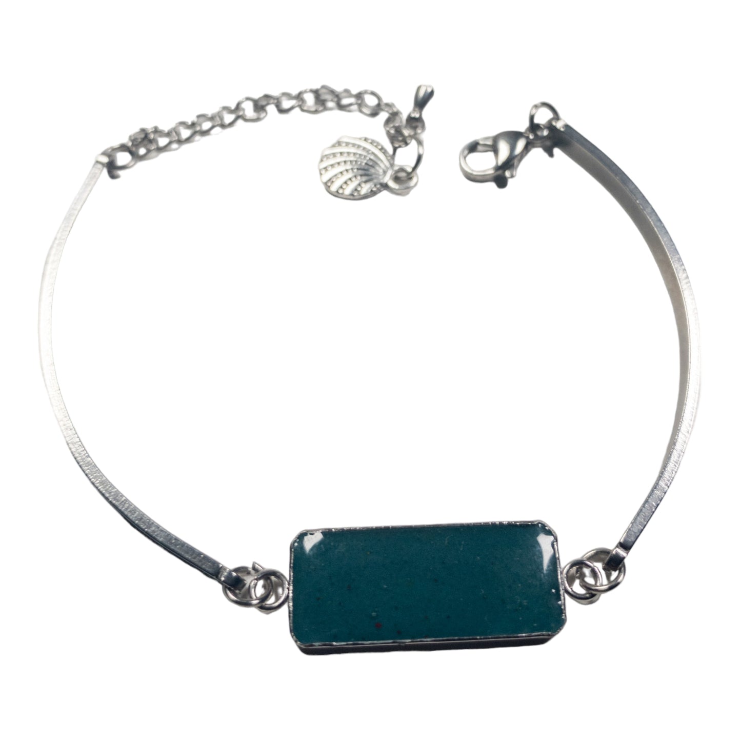 Deep Green Stainless Steel Cement Inlay Bracelet w/ Shell Charm