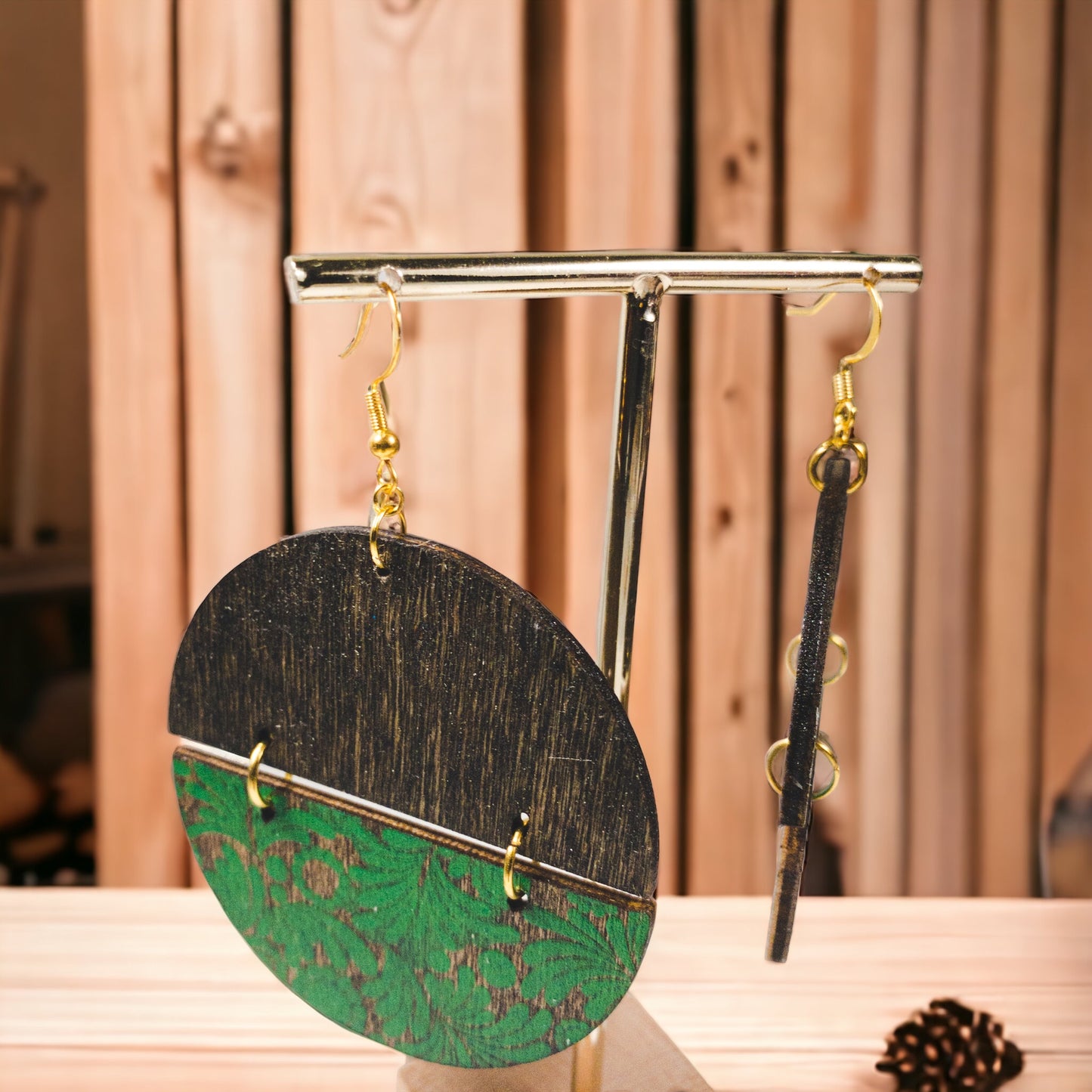 Wood Walnut Stain Round Earrings w/Green Florals