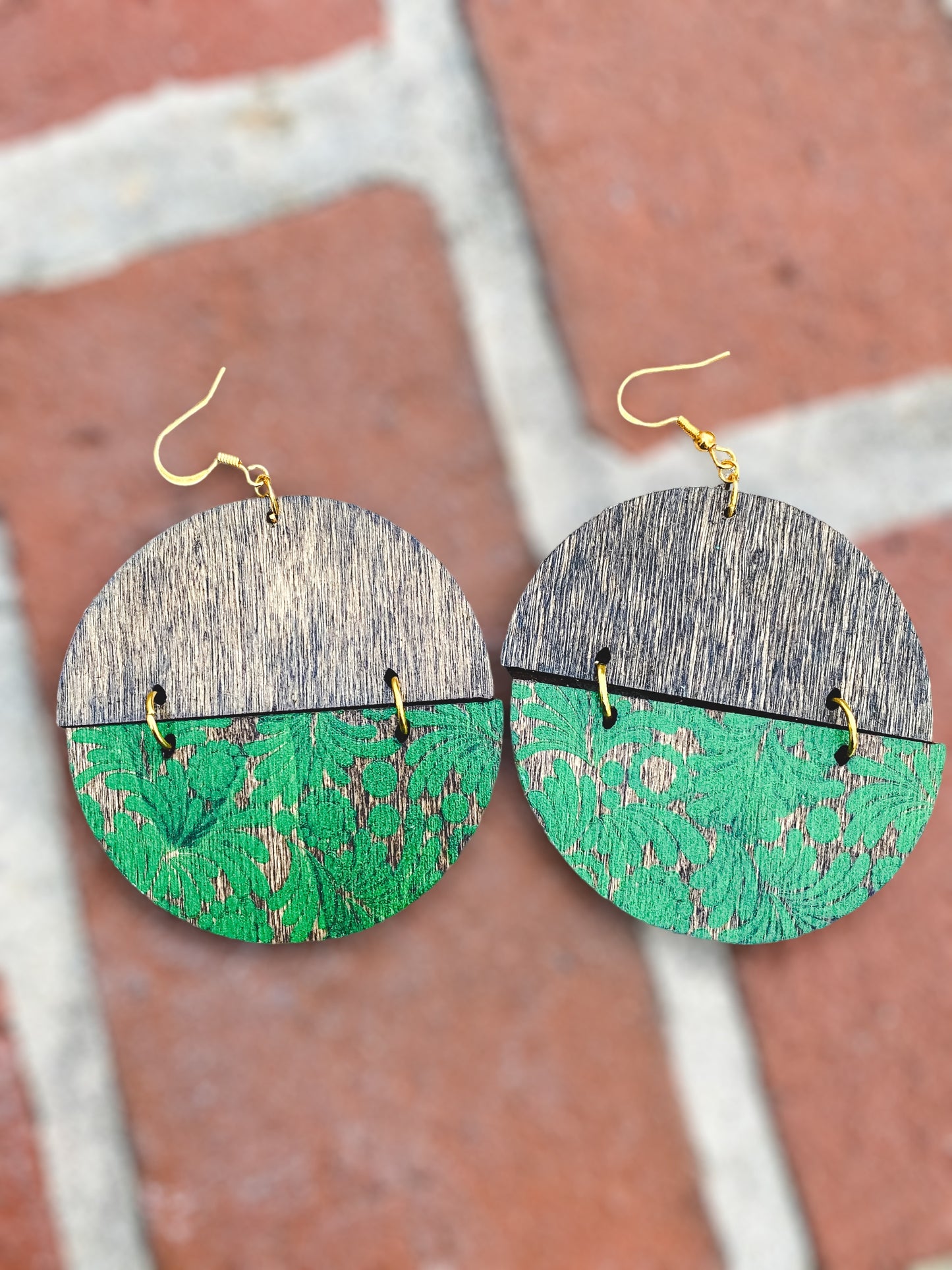 Wood Walnut Stain Round Earrings w/Green Florals