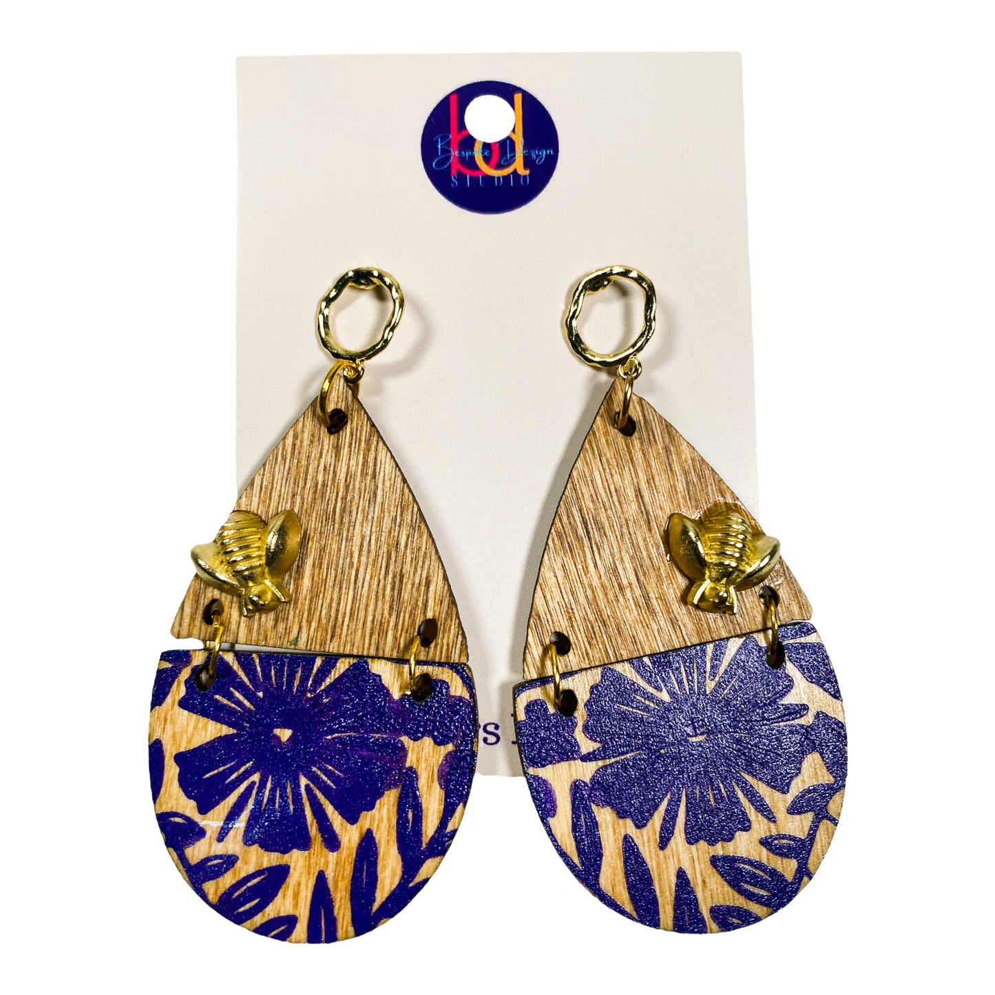 Oval Wood Earring w/Purple Florals & Golden Bee