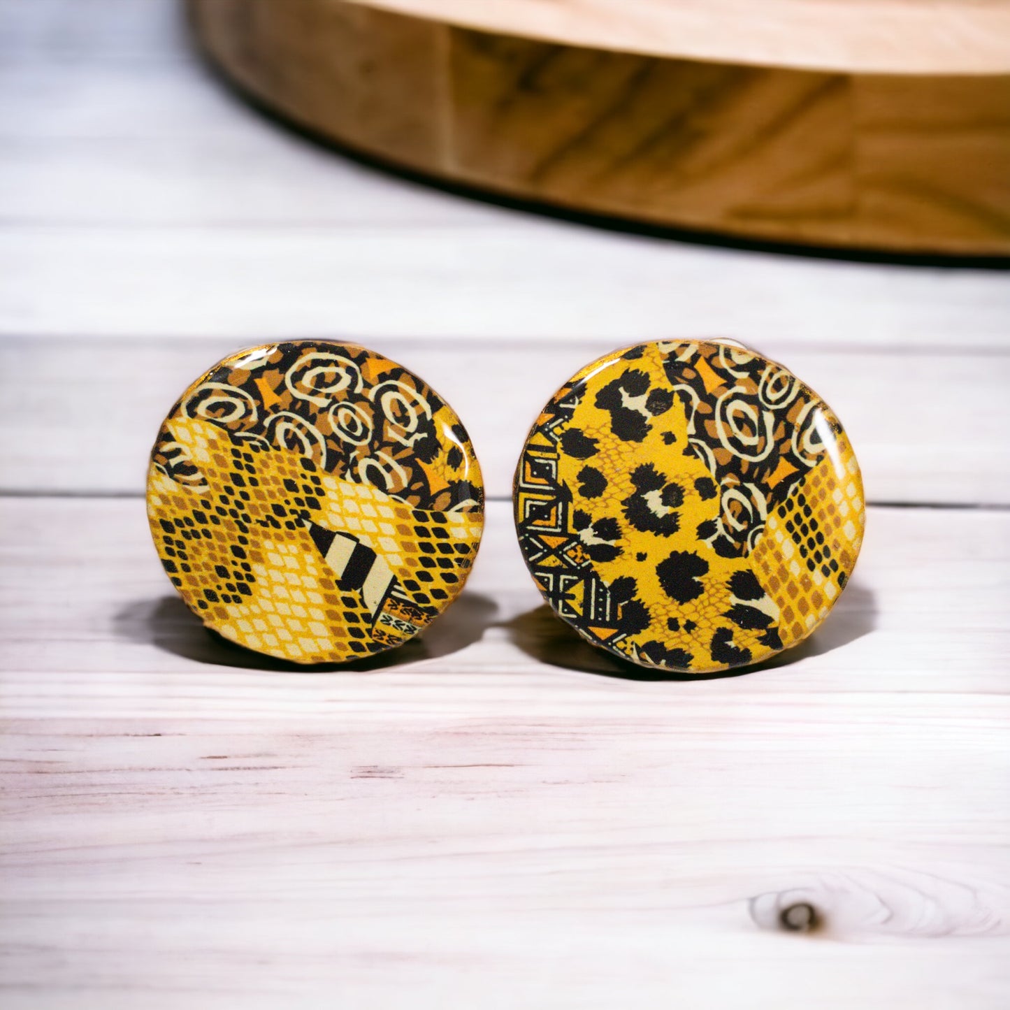 Black& Gold Ankara Animal Pattern Statement Stud Recycled Earrings