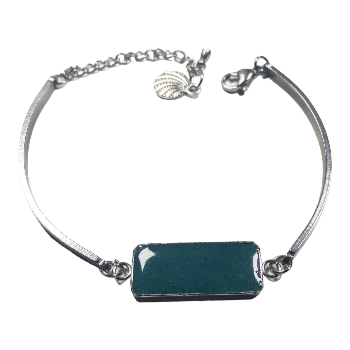 Deep Green Stainless Steel Cement Inlay Bracelet w/ Shell Charm