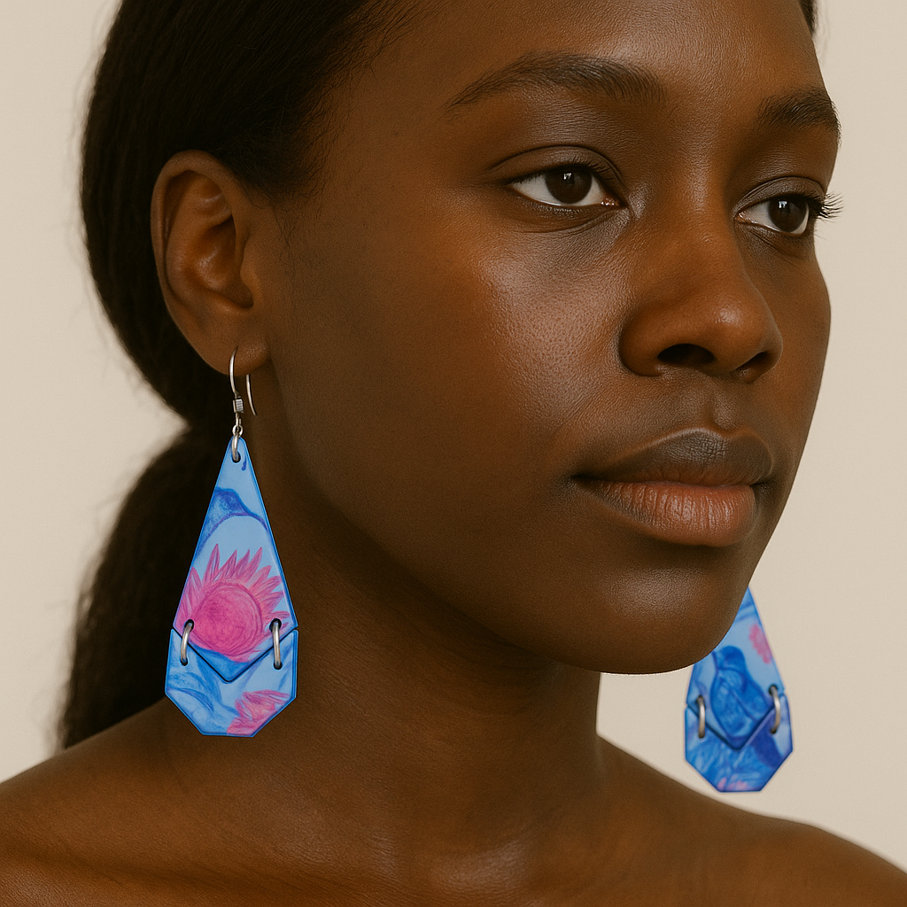Blue & Pink Hummingbird Geometric Earrings – Lightweight Statement Dangles