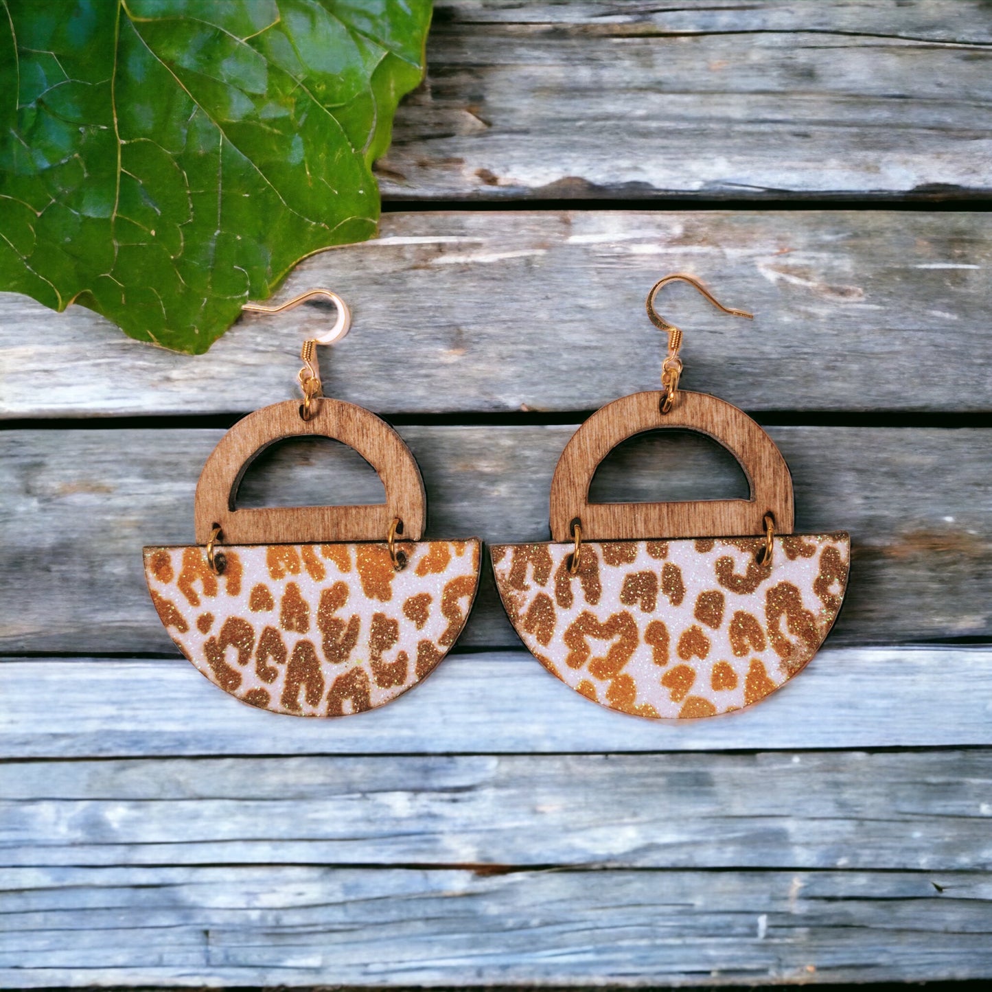 Half Circle Wood Earrings with Leopard Pattern
