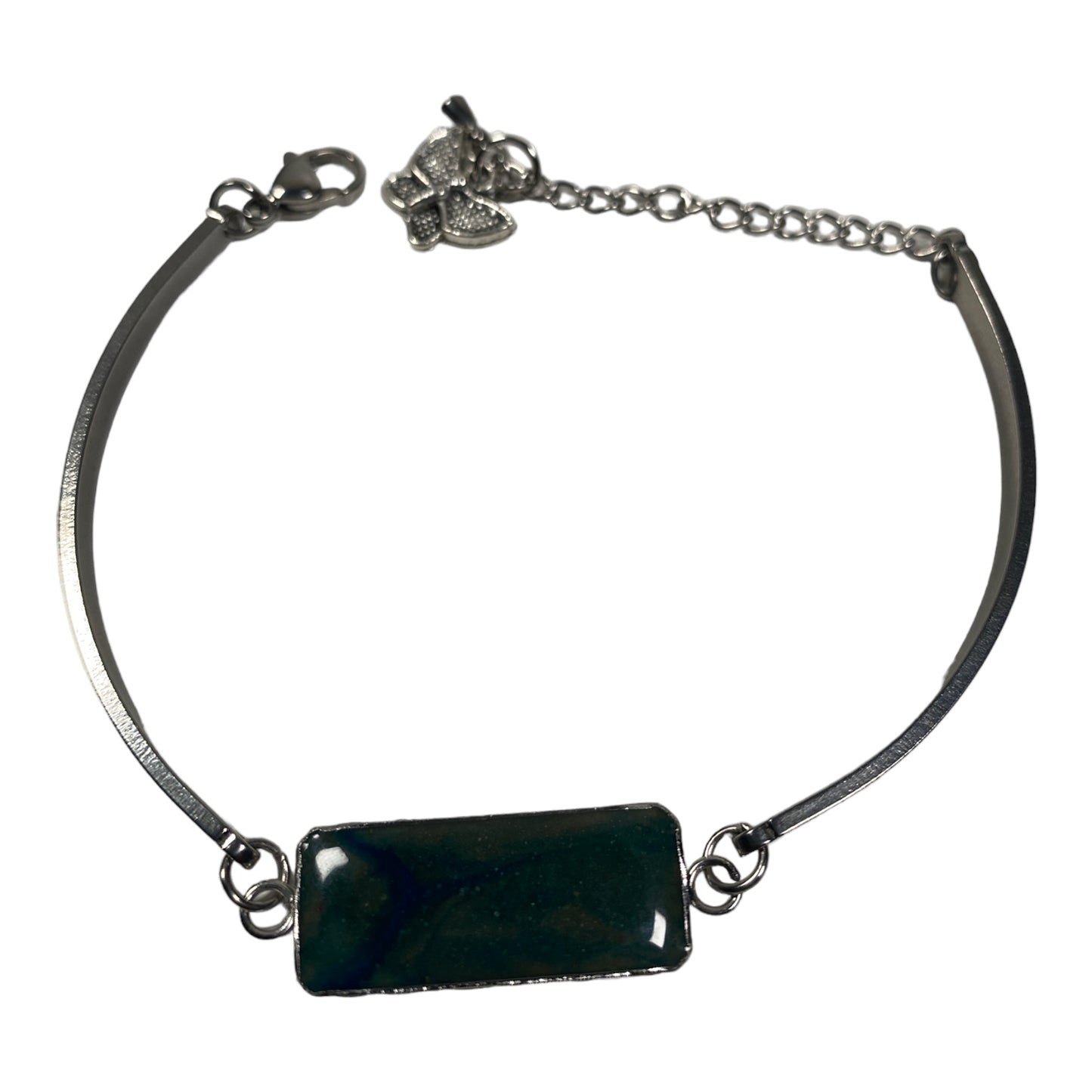 Blue Green Stainless Steel Cement Inlay Bracelet w/ Butterfly Charm