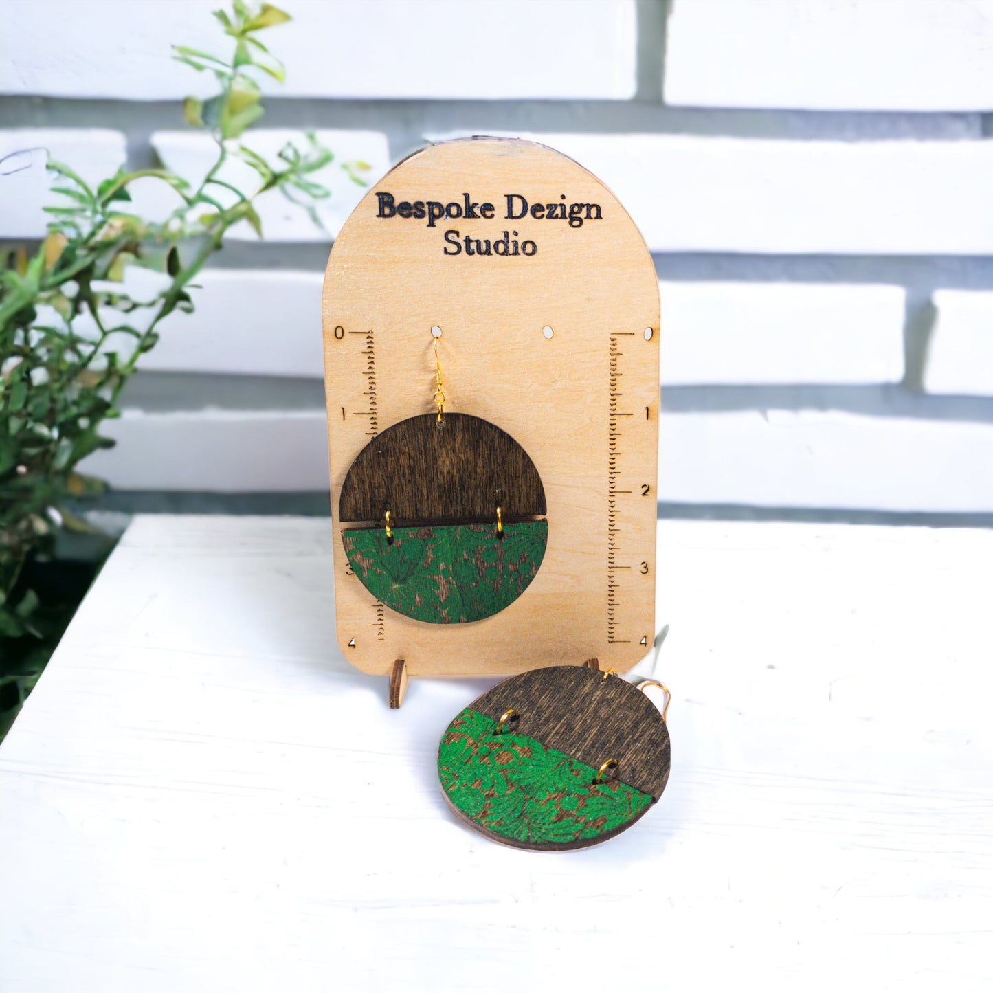 Wood Walnut Stain Round Earrings w/Green Florals