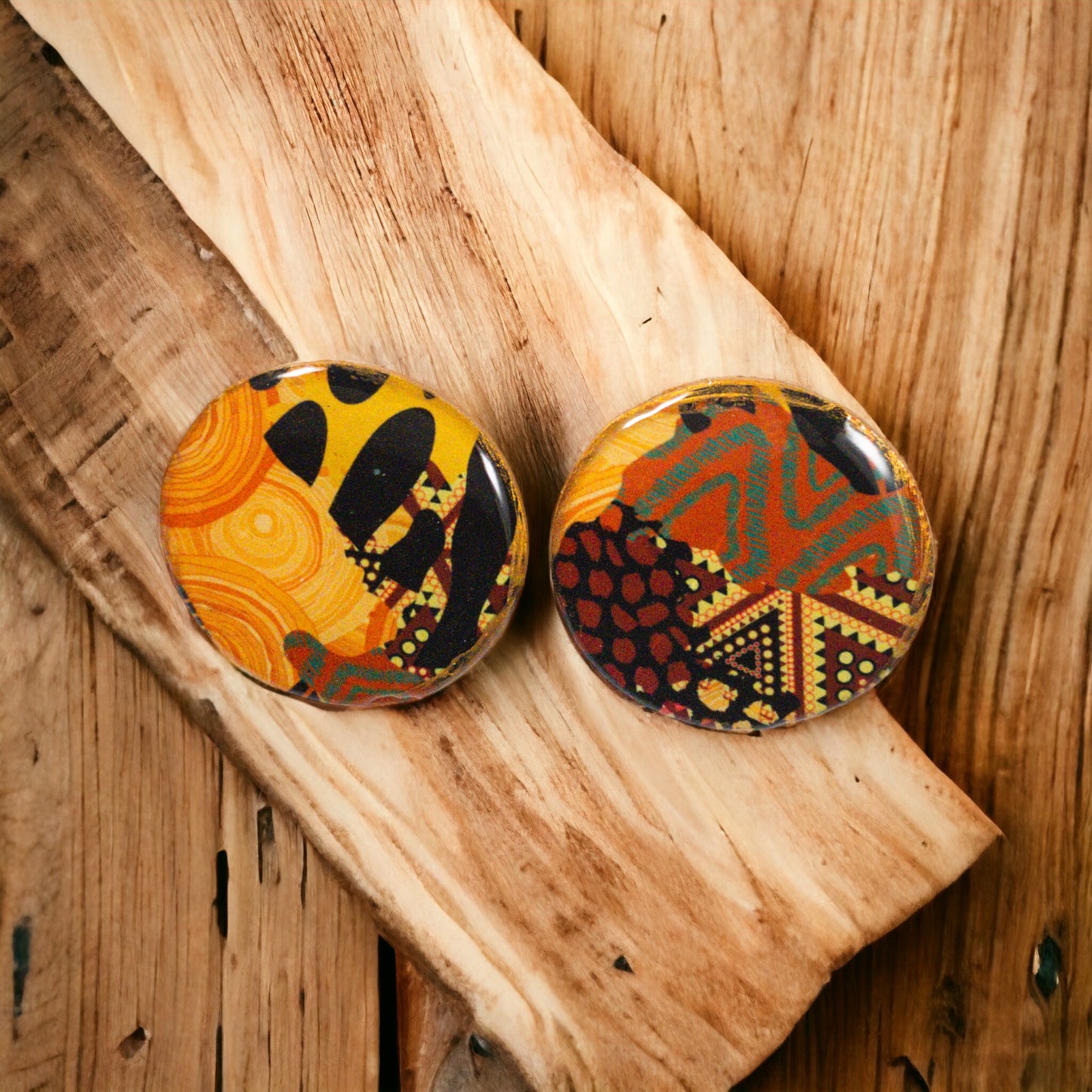 Black & Gold Ankara Abstract Pattern Round Disc Recycled Earrings