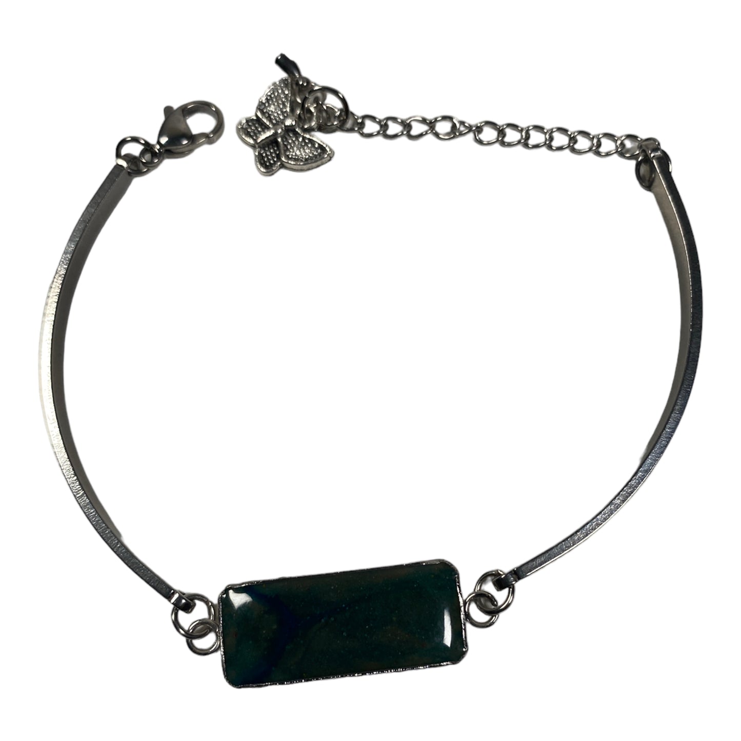 Blue Green Stainless Steel Cement Inlay Bracelet w/ Butterfly Charm