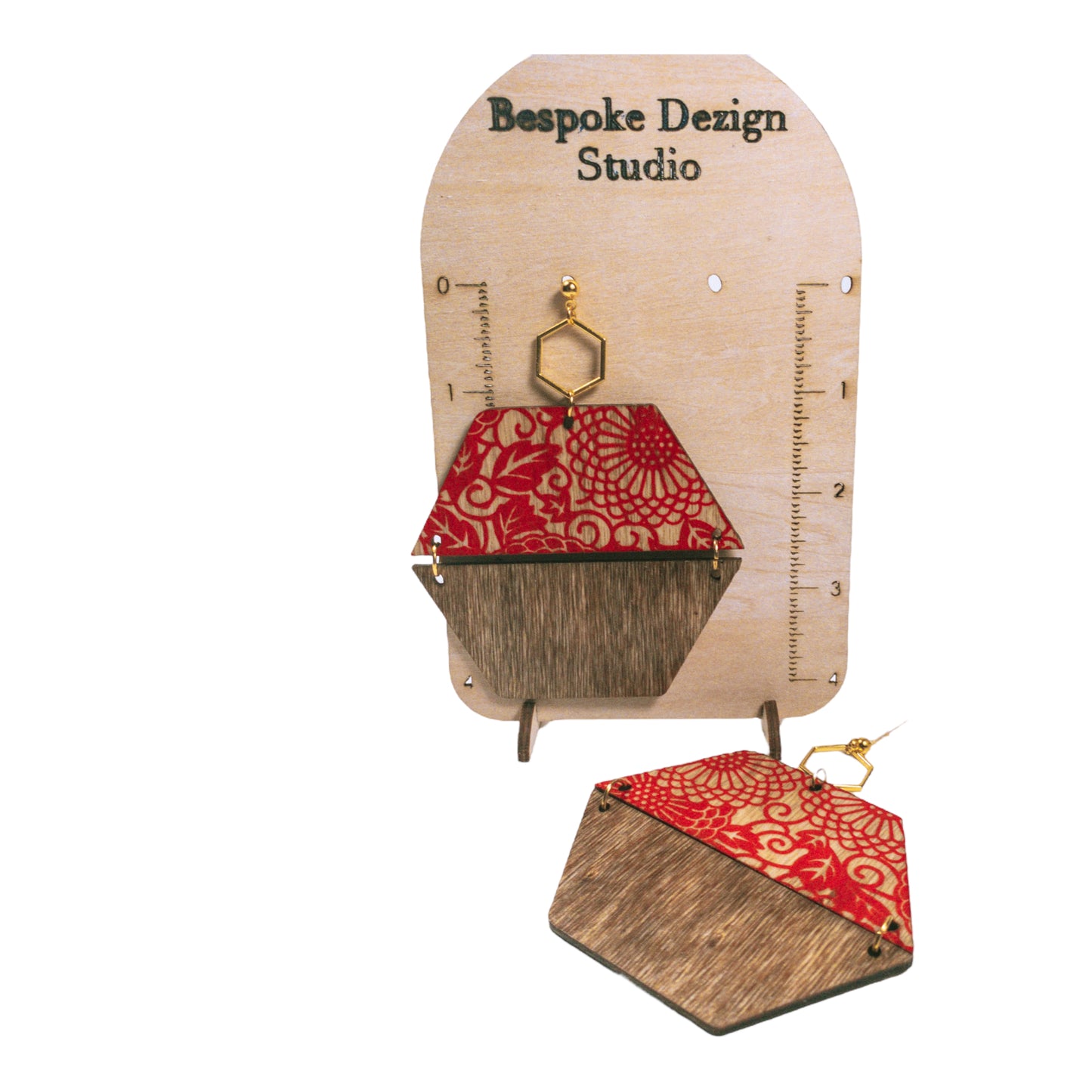Octagon Wood Earrings w/Ornate Pattern
