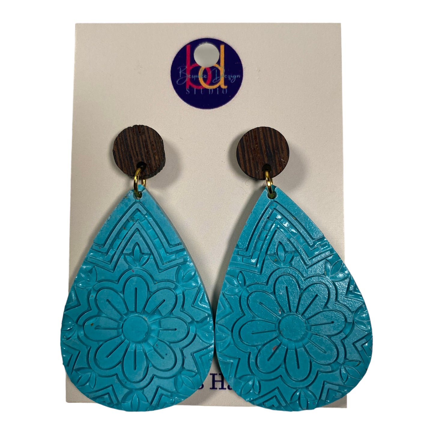 Turquoise Cement Teardrop Flower Engraved Earrings