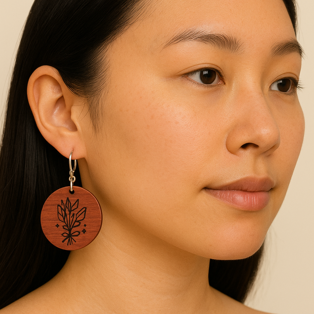 Padauk Botanical Earrings – Small Engraved Handmade Wood Jewelry