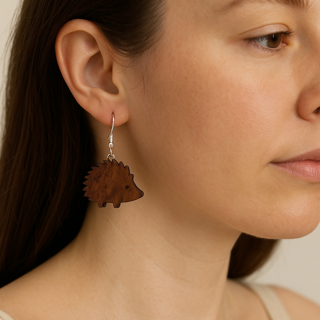 Walnut Hedgehog Earrings – Handmade Wood Animal Jewelry with Sterling Hooks