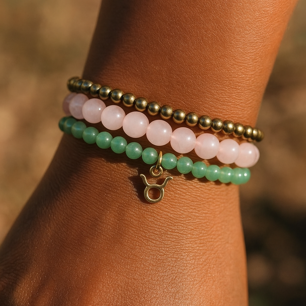 Taurus Zodiac Stack – Rose Quartz, Pyrite & Green Aventurine Bracelet Set
