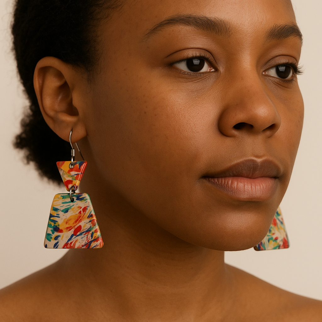 Abstract Triangle Drop Earrings – Bold Multicolor Recycled Chipboard Statement Jewelry