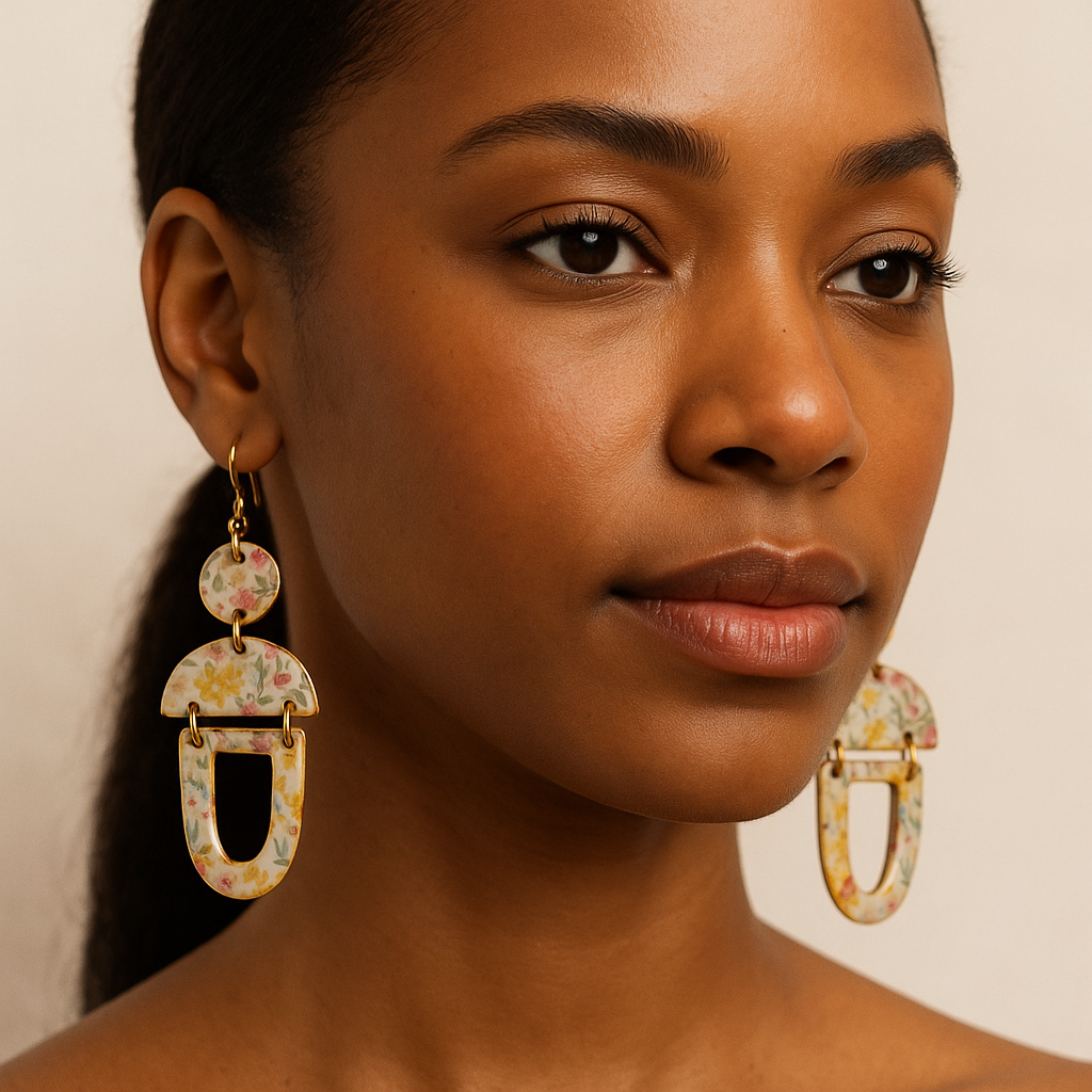 Floral Arch Drop Earrings – Lightweight Handmade U-Shaped Earrings with Colorful Botanical Patte
