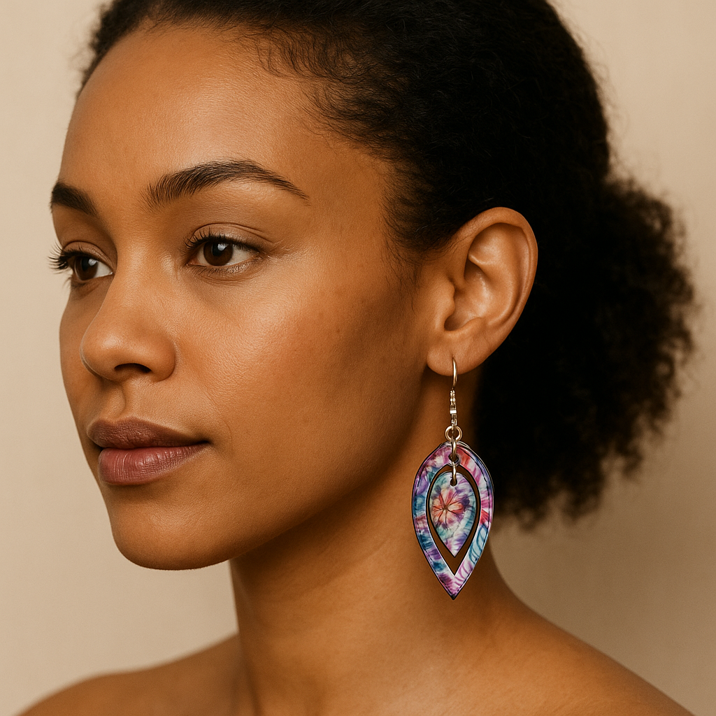 Tropical Leaf Pattern Dangle Earrings – Purple & Green Eco Statement Earrings