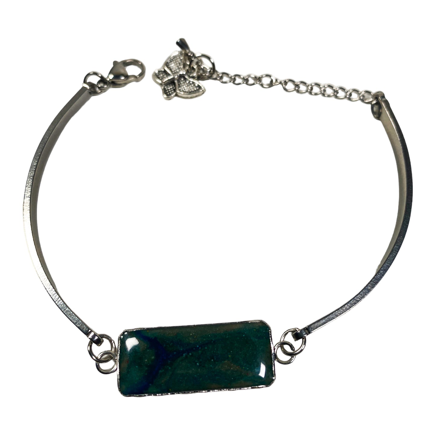 Blue Green Stainless Steel Cement Inlay Bracelet w/ Butterfly Charm