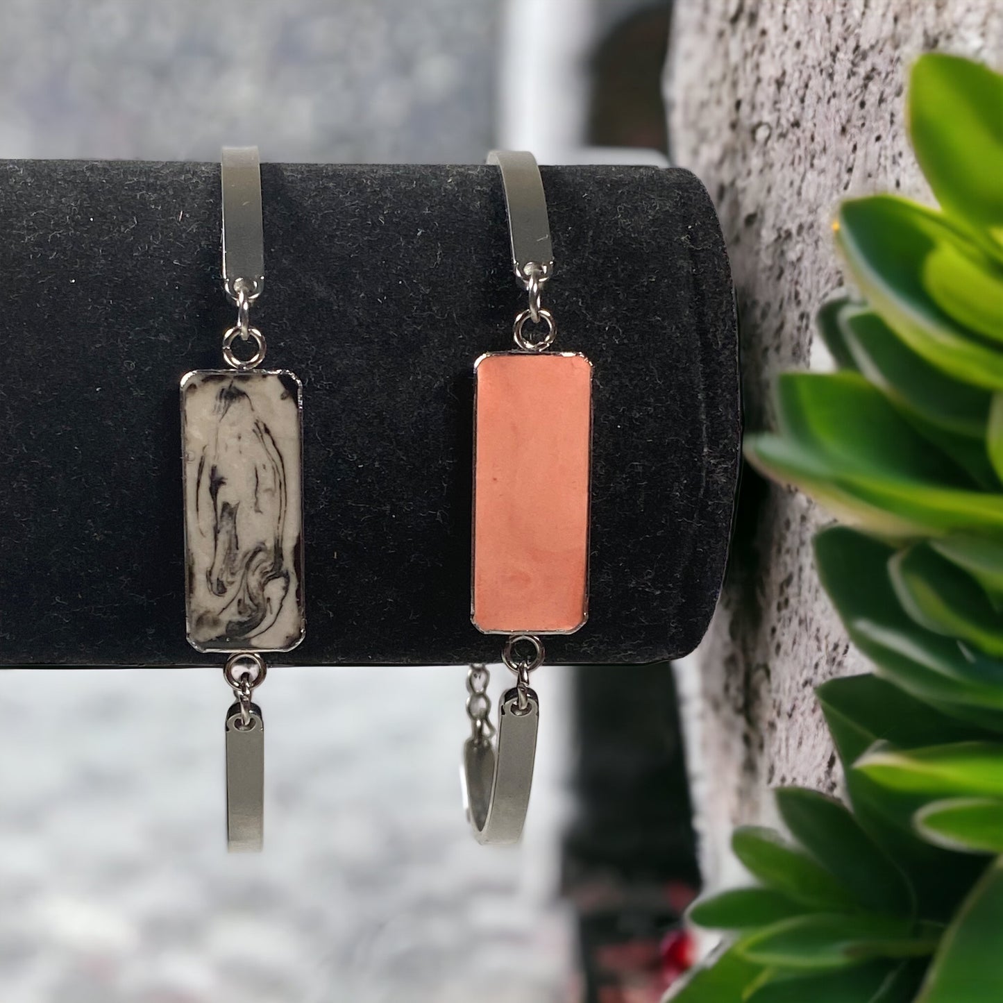 Stainless Steel Marbled Cement Inlay Bracelets w/Charm