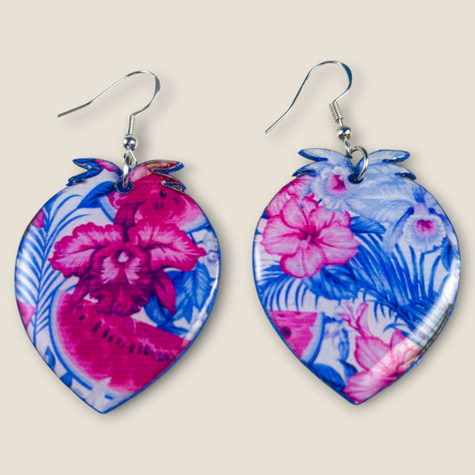 Pink Hibiscus & Watermelon Tropical Leaf Earrings – Lightweight Statement Jewelry