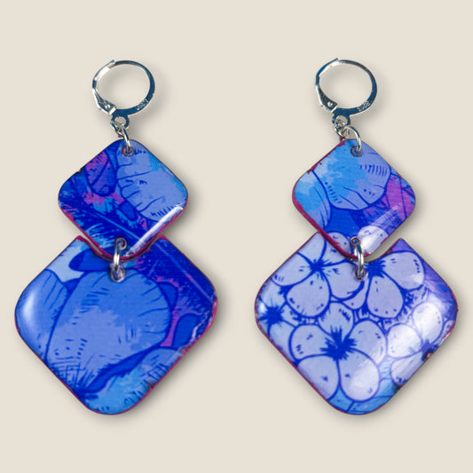 Blue Botanical Geometric Dangle Earrings – Lightweight Double Drop Design