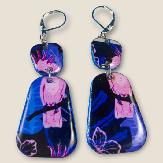 Pink Owl Statement Earrings – Dark Floral Dangle with Leverback Hooks