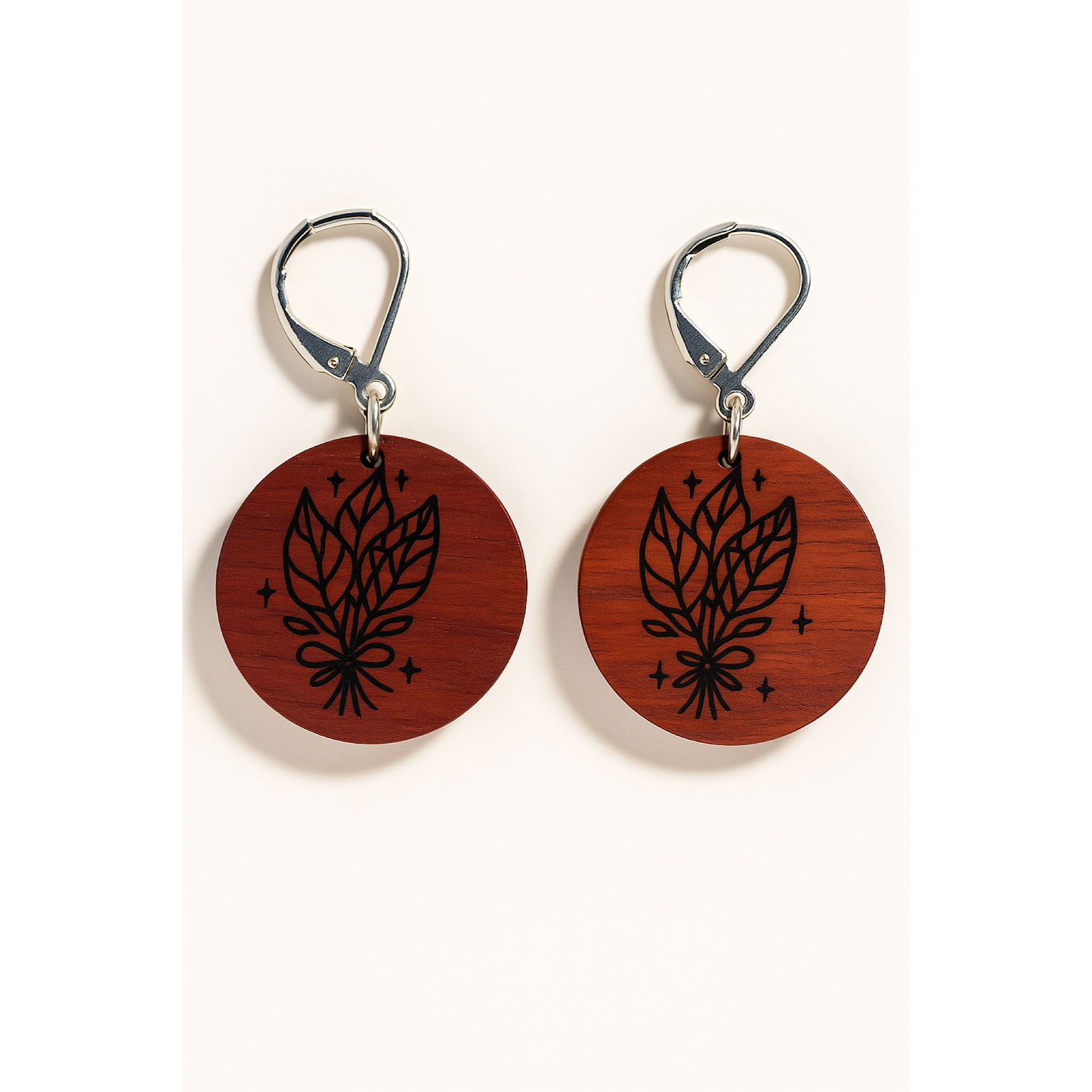 Padauk Botanical Earrings – Small Engraved Handmade Wood Jewelry