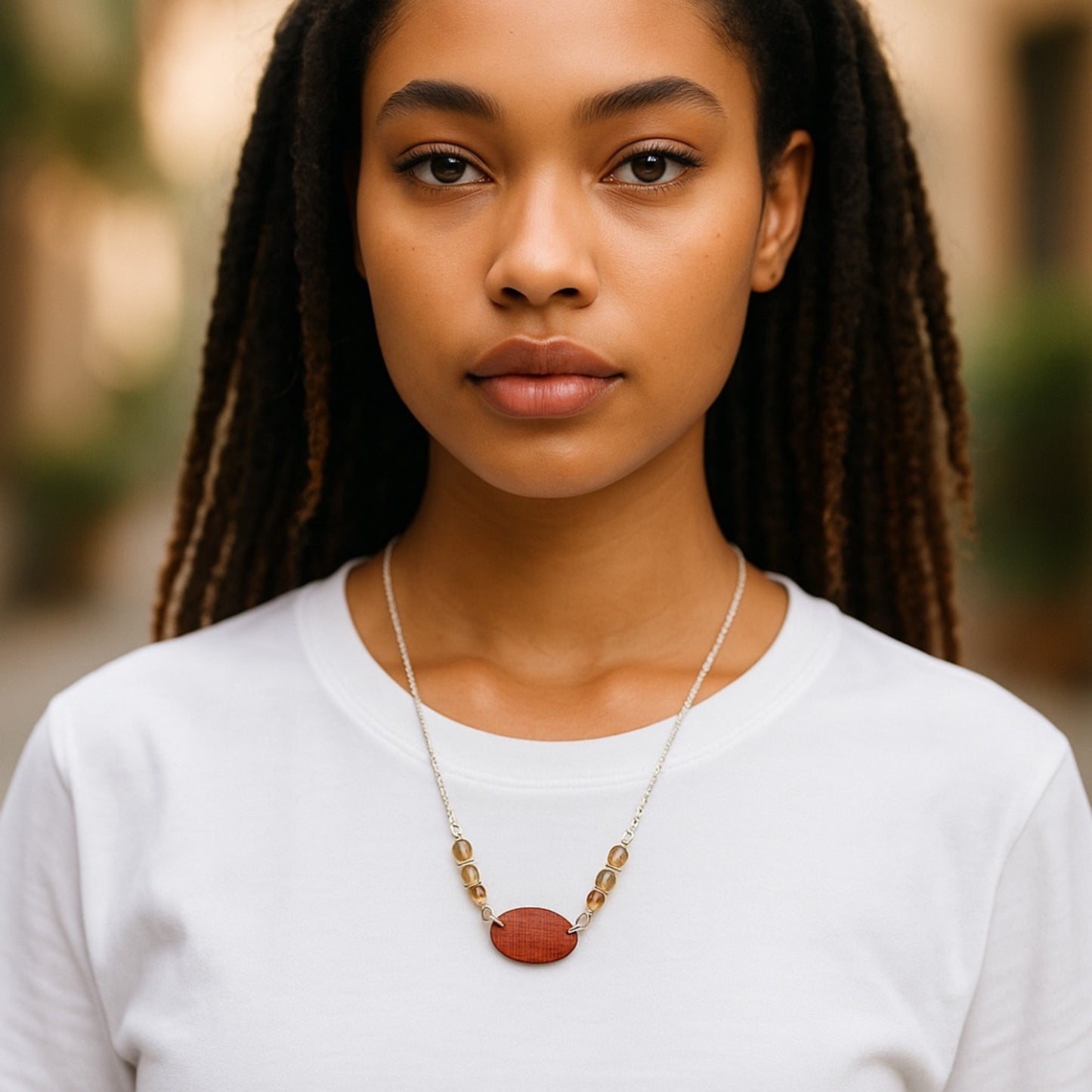 Mahogany Wood & Smoky Quartz Necklace – Grounding Energy Jewelry
