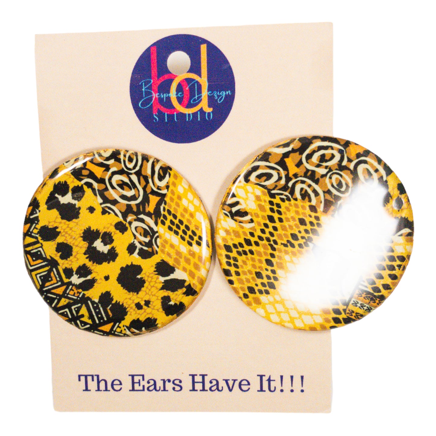 Black& Gold Ankara Animal Pattern Statement Stud Recycled Earrings
