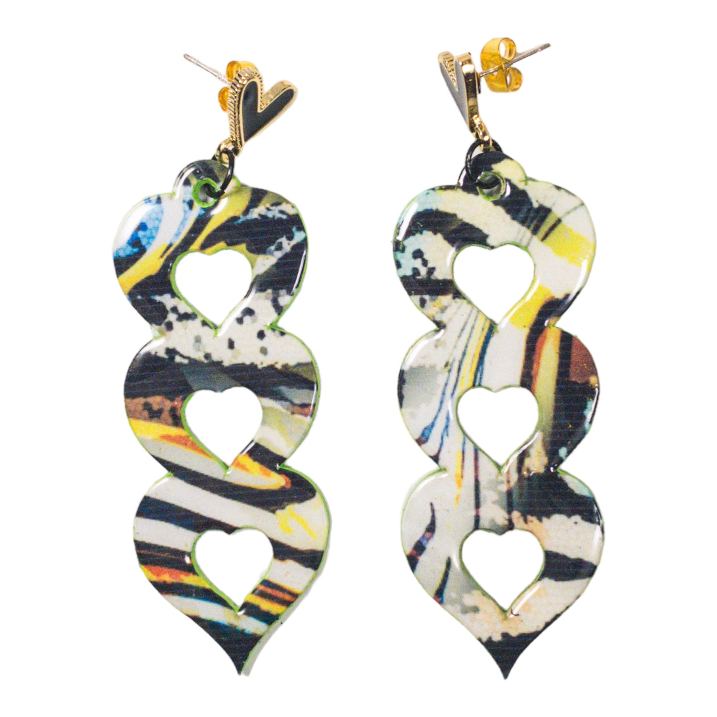 Triple Heart Animal Pattern Recycled Earrings
