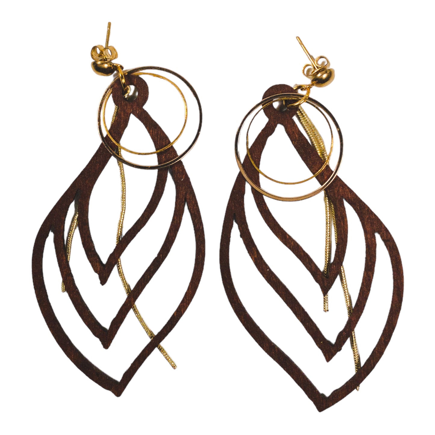 Open Leaf with Gold Circles Wood Earrings
