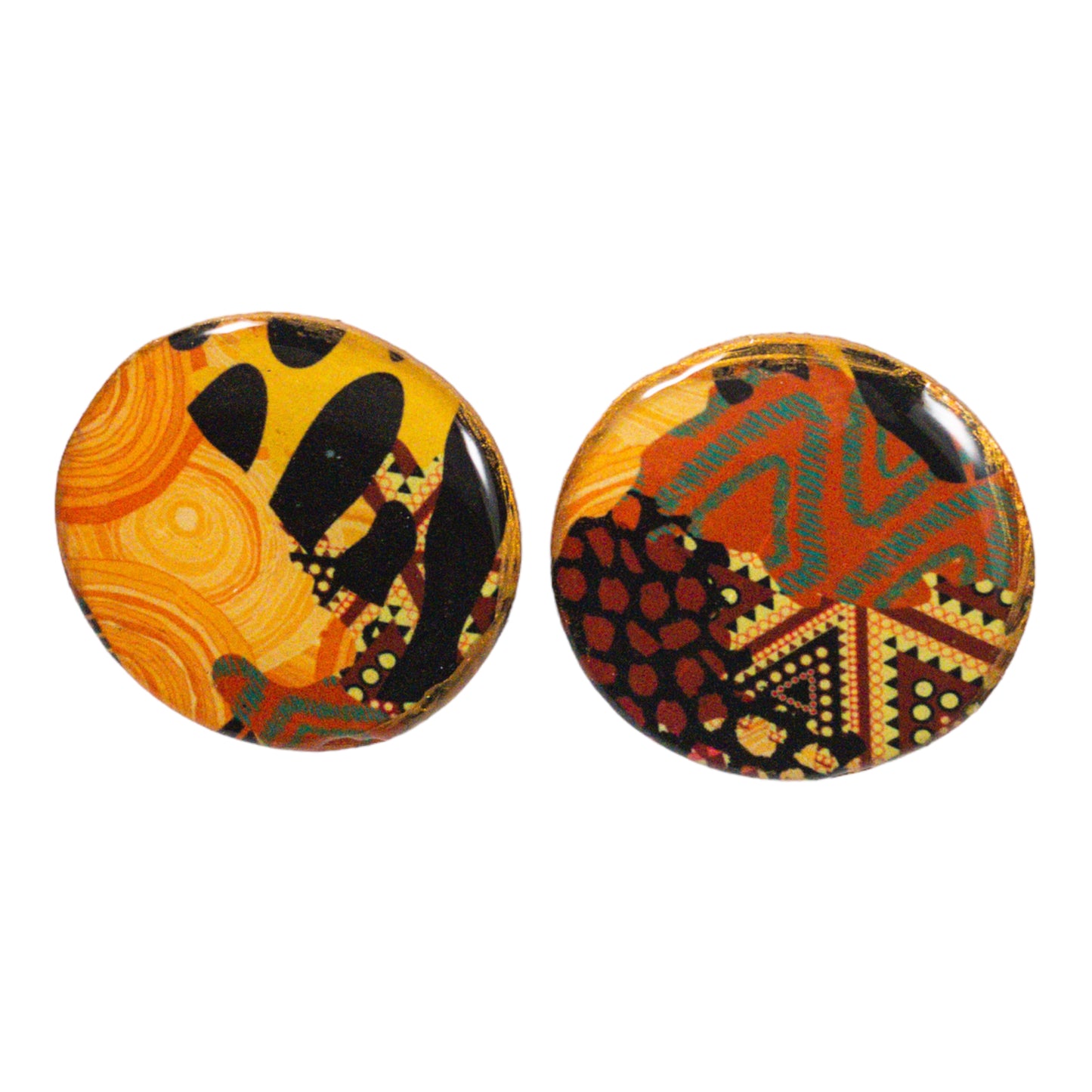 Black & Gold Ankara Abstract Pattern Round Disc Recycled Earrings