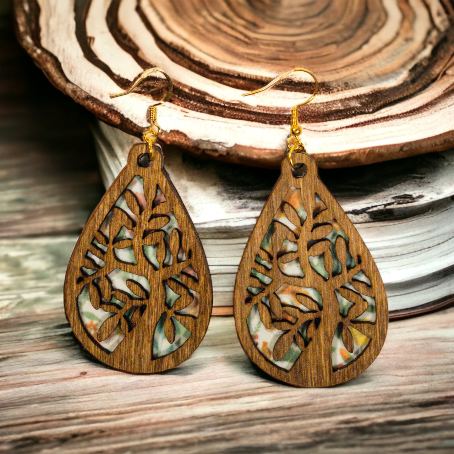 Tree of Life Teardrop Wood and Recycled Earring