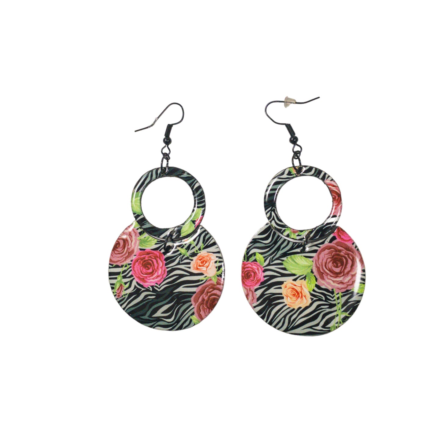 Black Zebra & Flower Pattern Round Drop Recycled Earrings