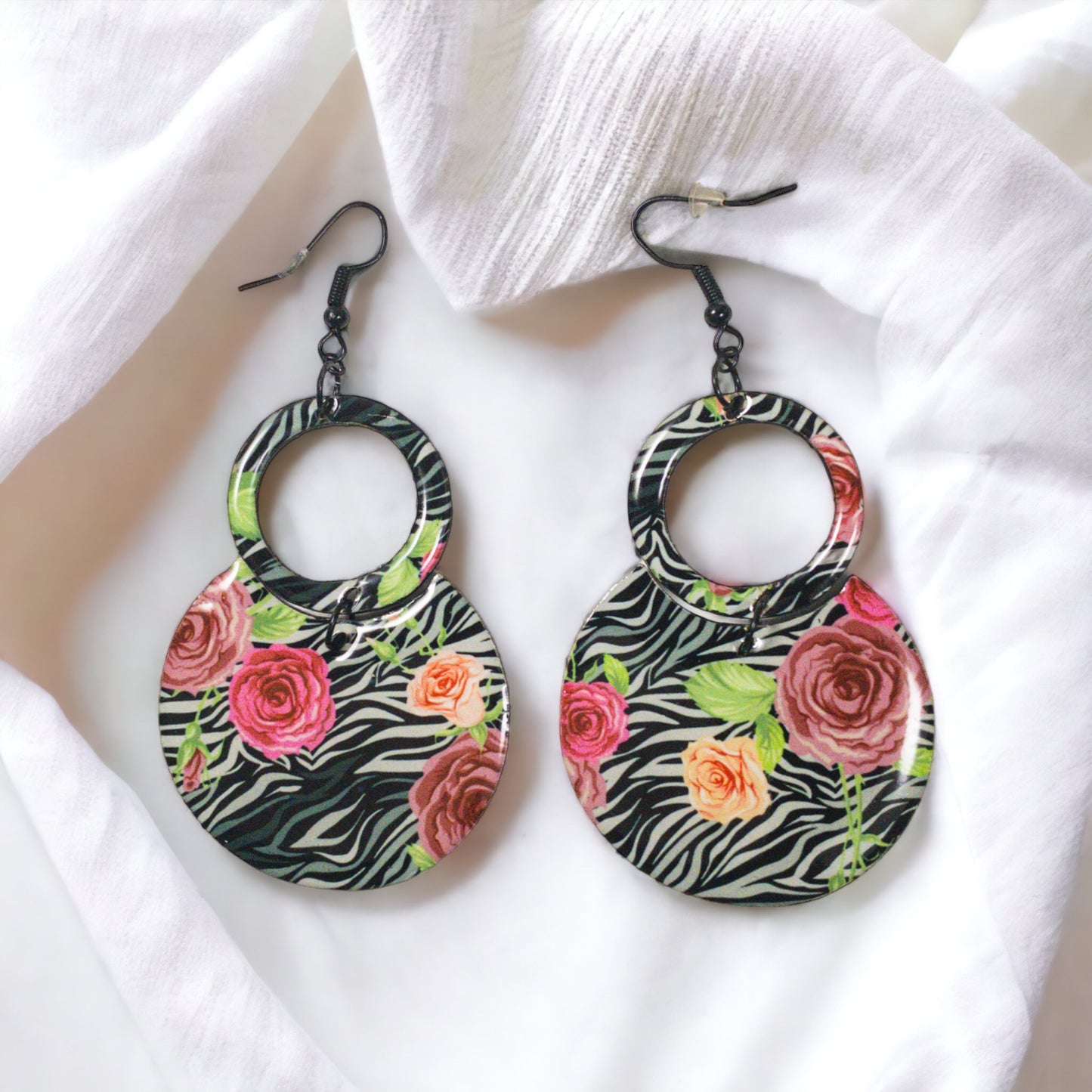 Black Zebra & Flower Pattern Round Drop Recycled Earrings