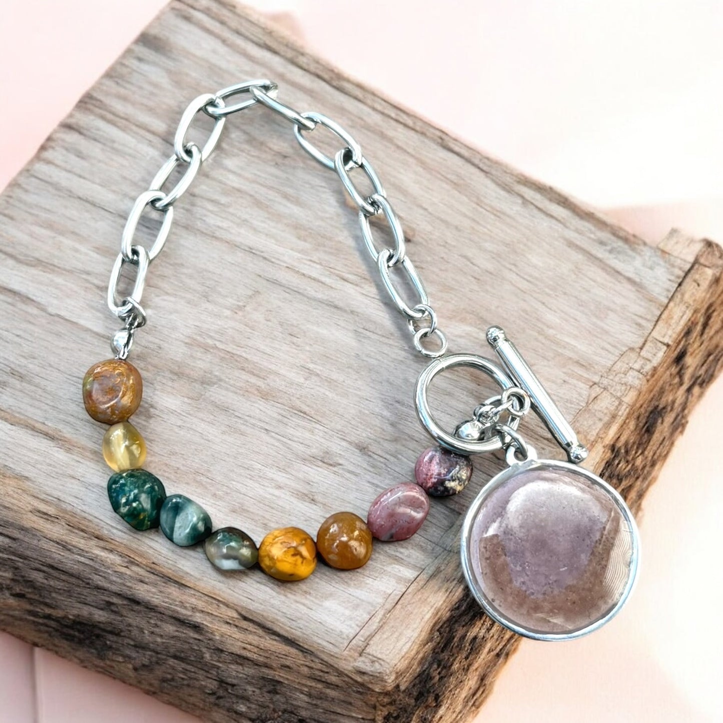Urban Stone & Chain Bracelet – Mixed Gemstone with Cement Inlay