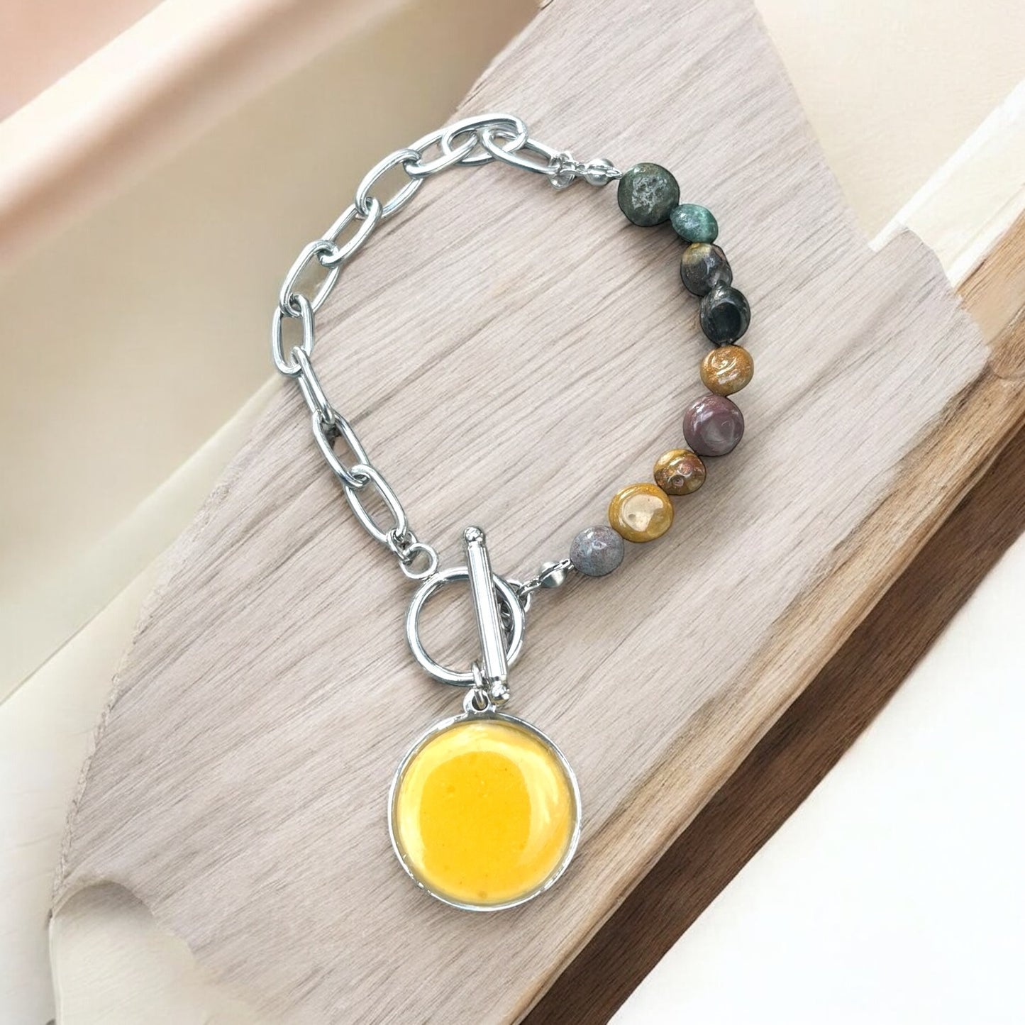 Urban Stone & Chain Bracelet – Mixed Gemstone with Cement Inlay