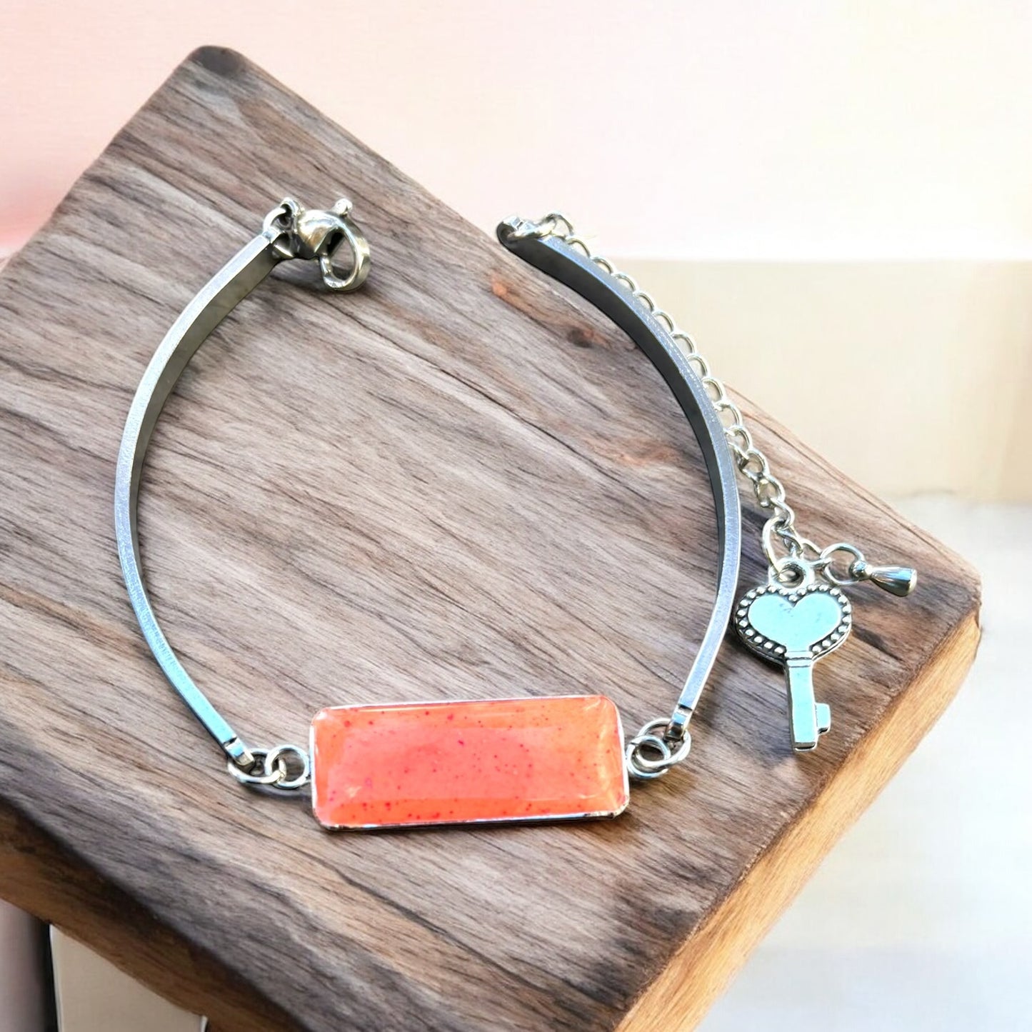 Urban Edge Bracelet – Stainless Steel Cuff with Color Cement Inlay & Charm Accent