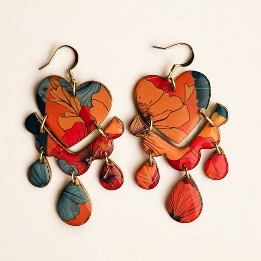 Abstract Heart Earrings – Recycled Chipboard in Bold Tones