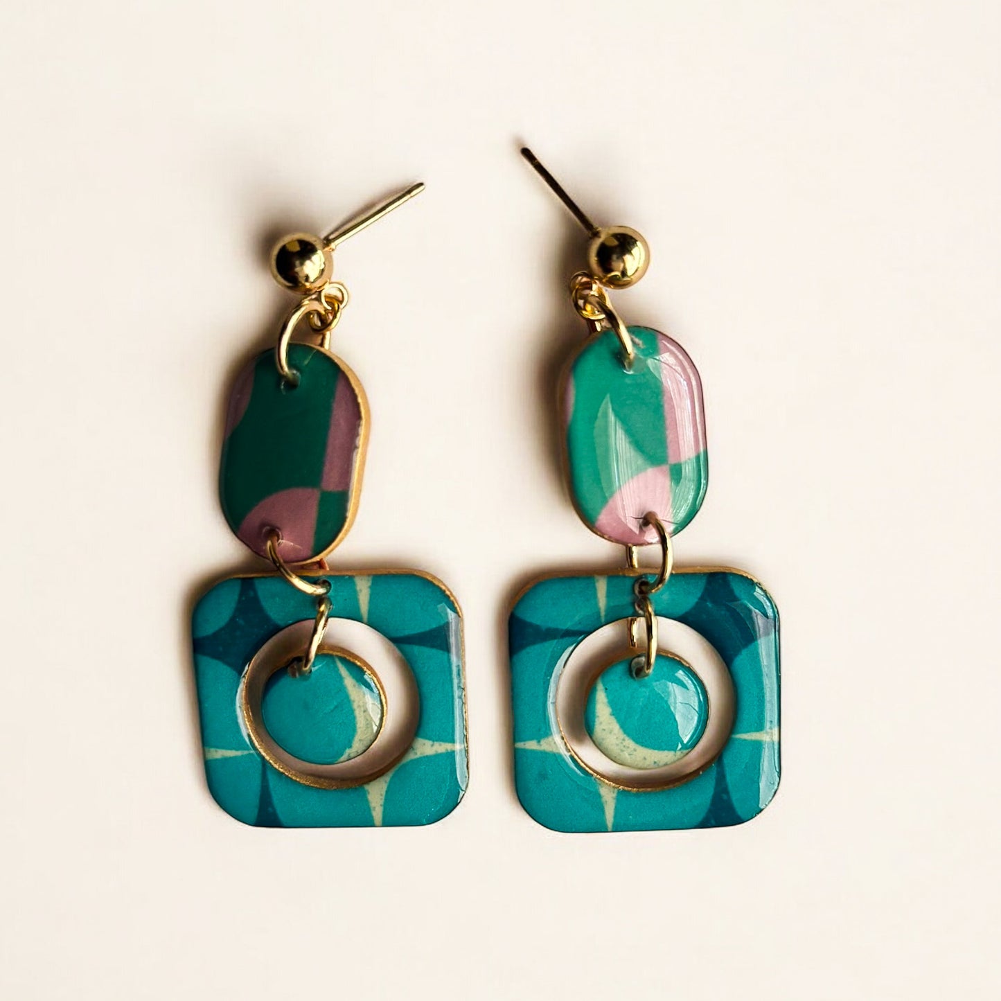 Geometric Dangle Earrings – Teal & Mauve Recycled Chipboard Statement Earrings