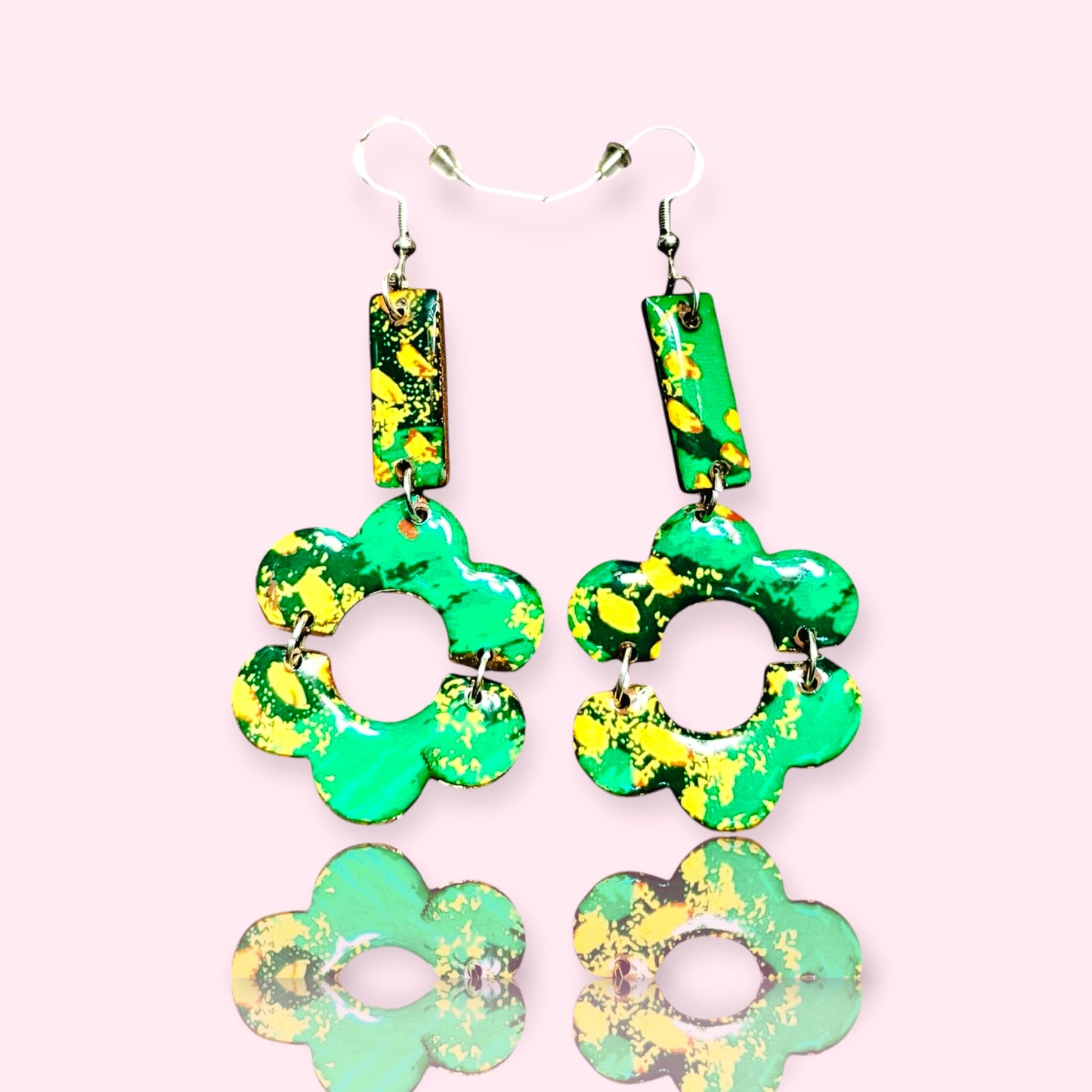 Green and Yellow Abstract Paint Splatter Recycled Chipboard Earrings