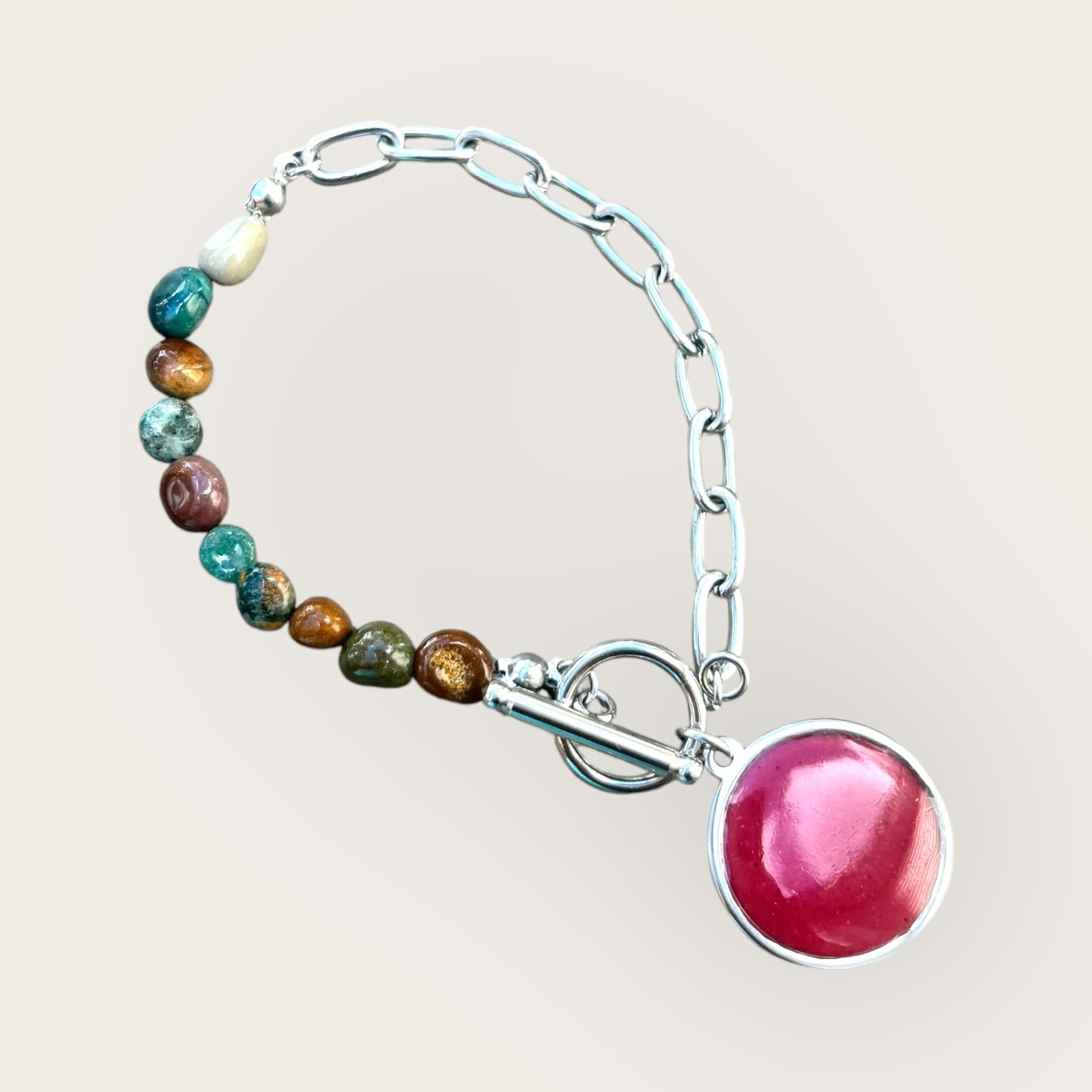 Stainless Steel Cement Cabochon Bracelet w/ Natural Stones- Ruby