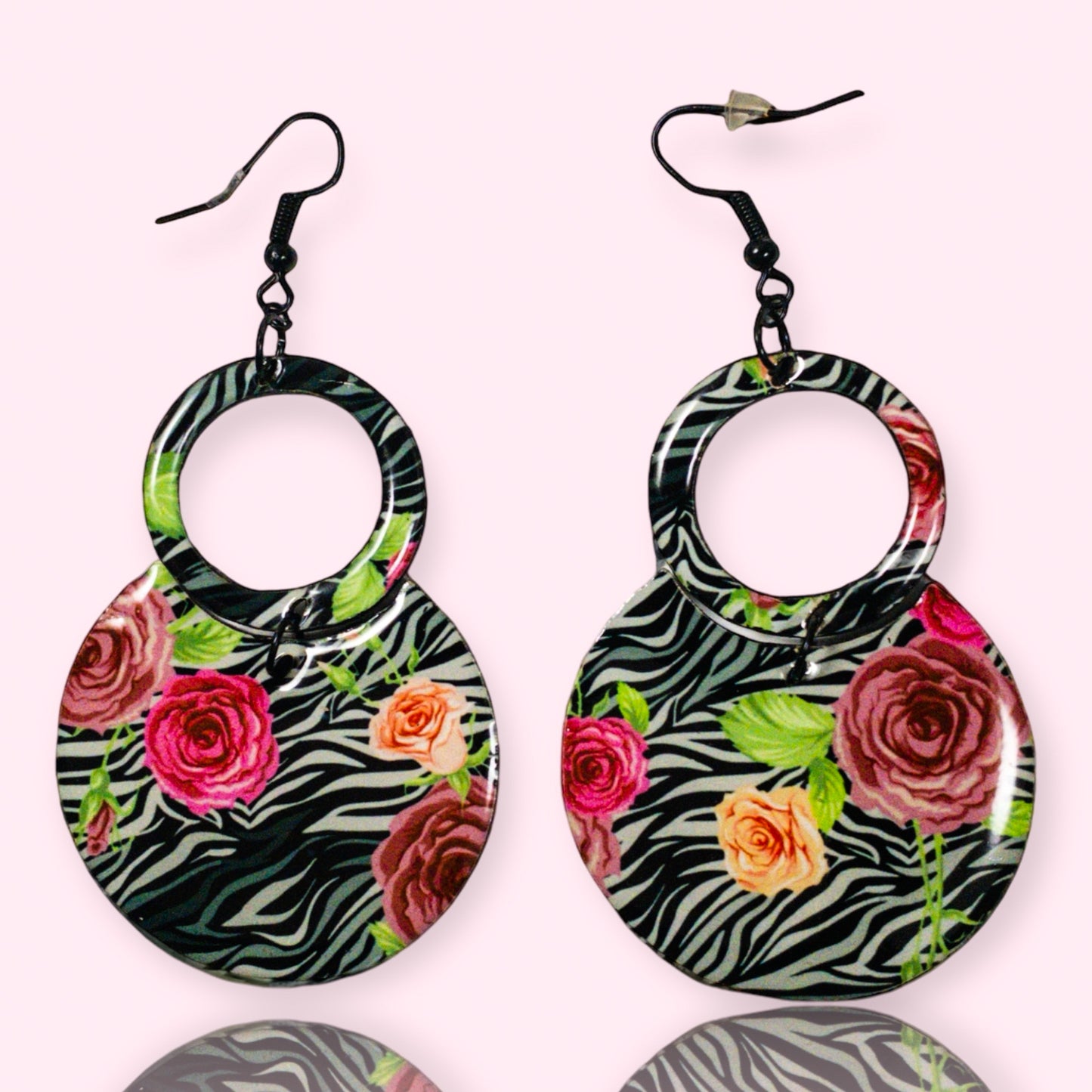 Black Zebra & Flower Pattern Round Drop Recycled Earrings