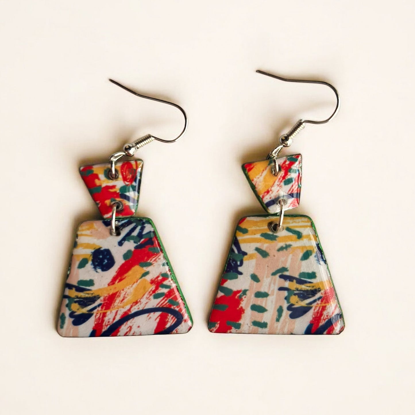 Abstract Triangle Drop Earrings – Bold Multicolor Recycled Chipboard Statement Jewelry