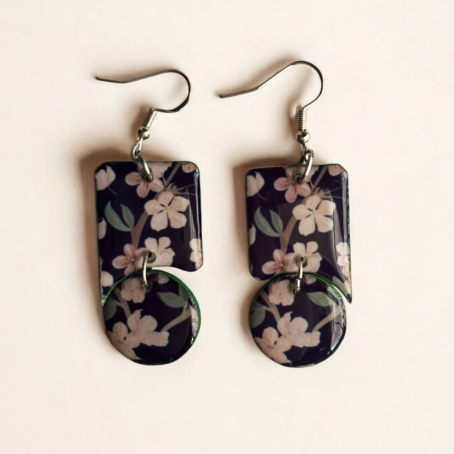 Midnight Blossom Drop Earrings – Floral Pattern Recycled Chipboard Statement Jewelry