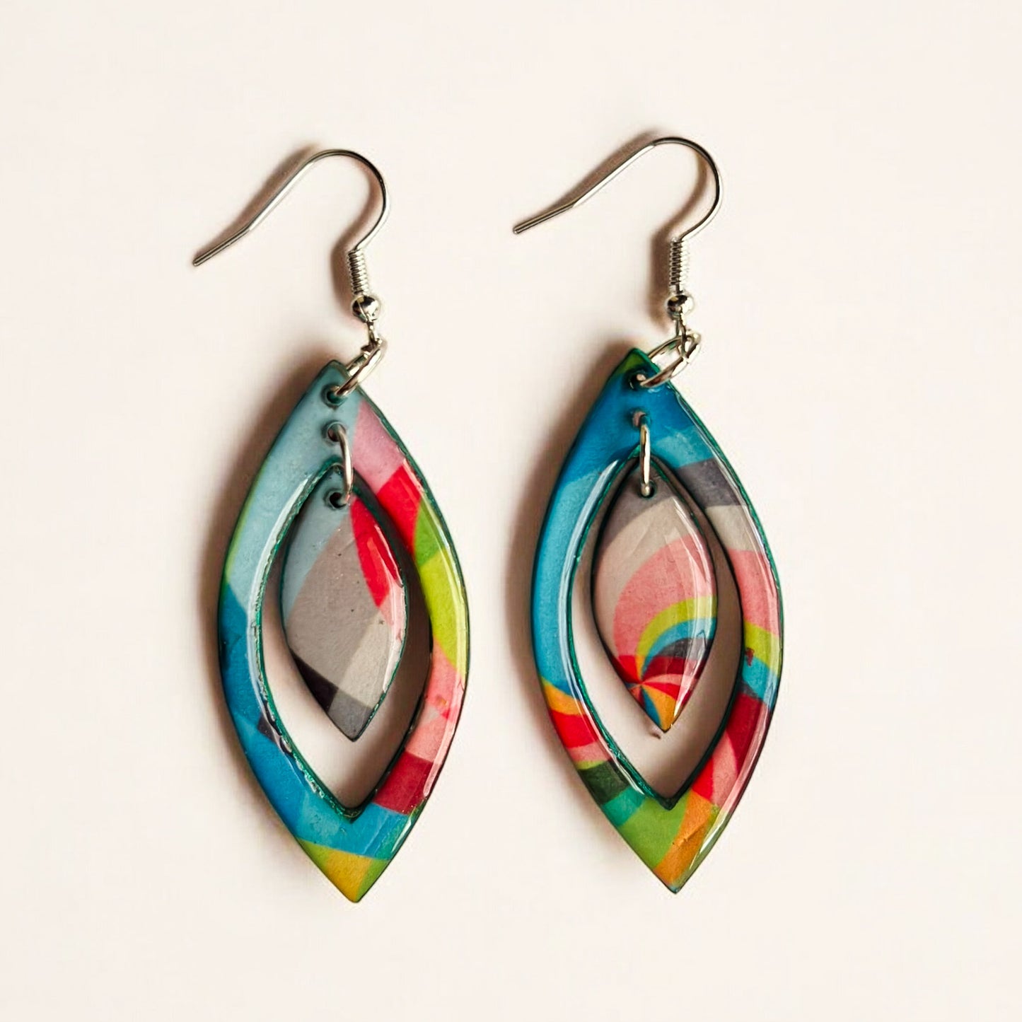 Color Splash Marquise Drop Earrings – Lightweight Statement Jewelry in Rainbow Abstract Print