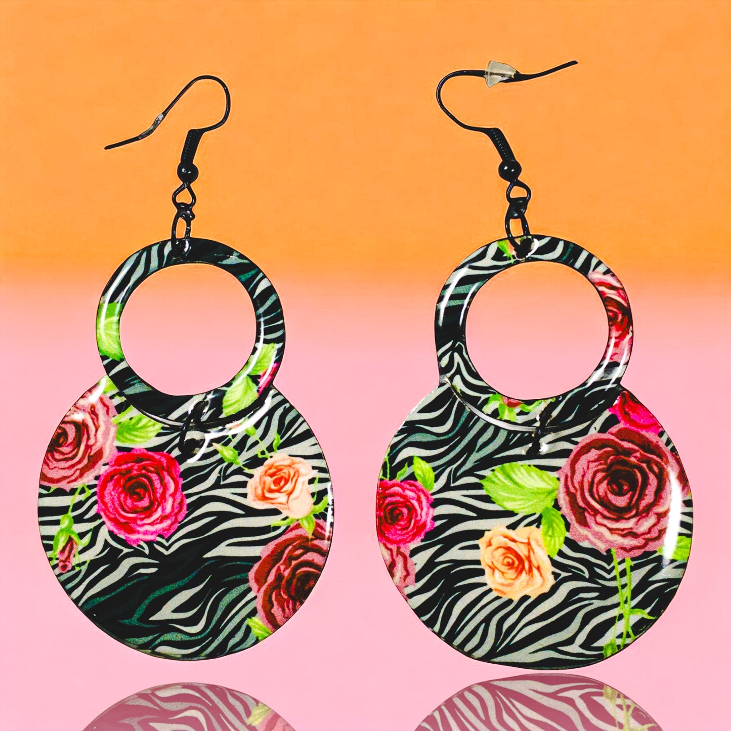 Black Zebra & Flower Pattern Round Drop Recycled Earrings