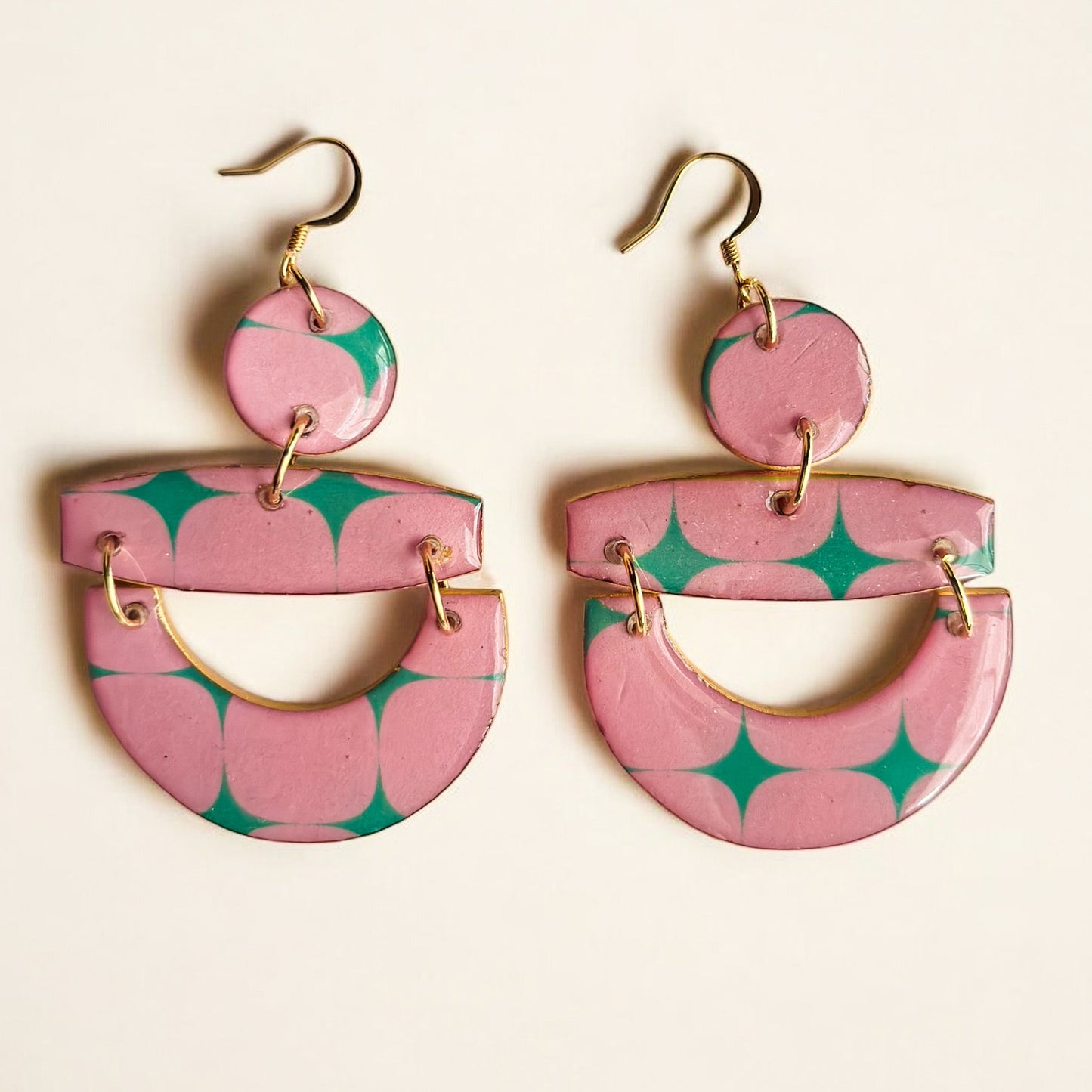 Pink & Green Color-Block Earrings – Abstract Lightweight Dangle Jewelry