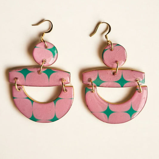 Pink & Green Color-Block Earrings – Abstract Lightweight Dangle Jewelry